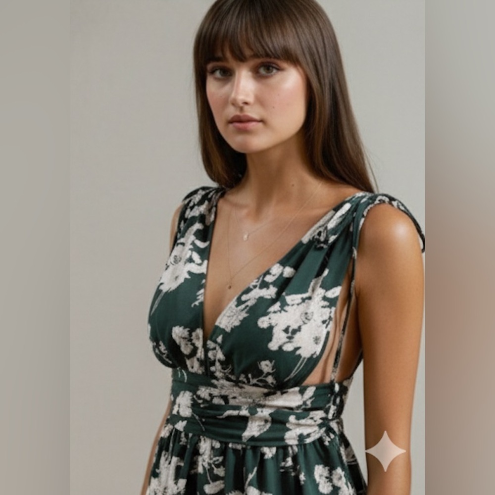 Boho Floral Print Plunging Neck Shirred Back Dress - Picture 3 of 8